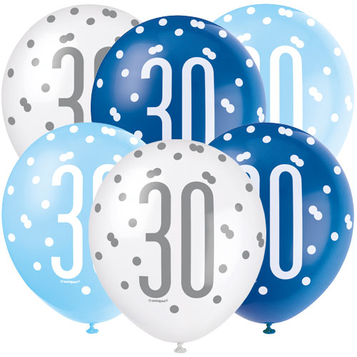 6x Piece Blue Pearlized Age 30th Balloon