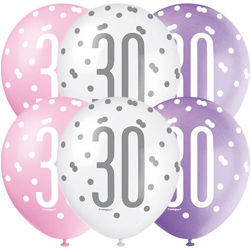 6x Piece Pink Pearlized Age 30th Balloon