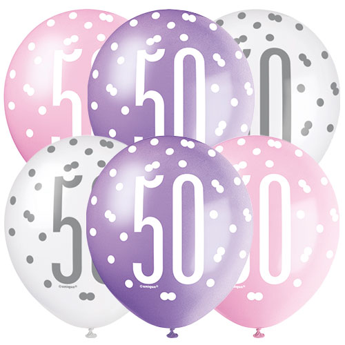 6x Piece Pink Pearlized Age 50th Balloon