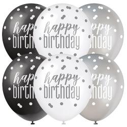 6x Pieces Black & Silver Happy Birthday Balloon