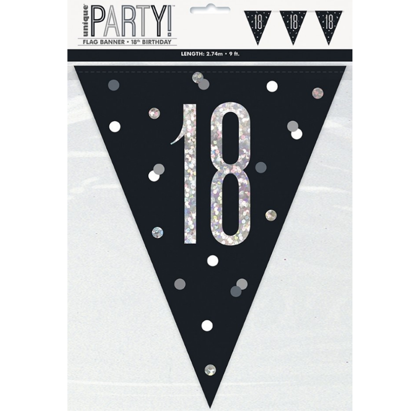 Glitz Black & Silver Pennant Banner 18th Birthday